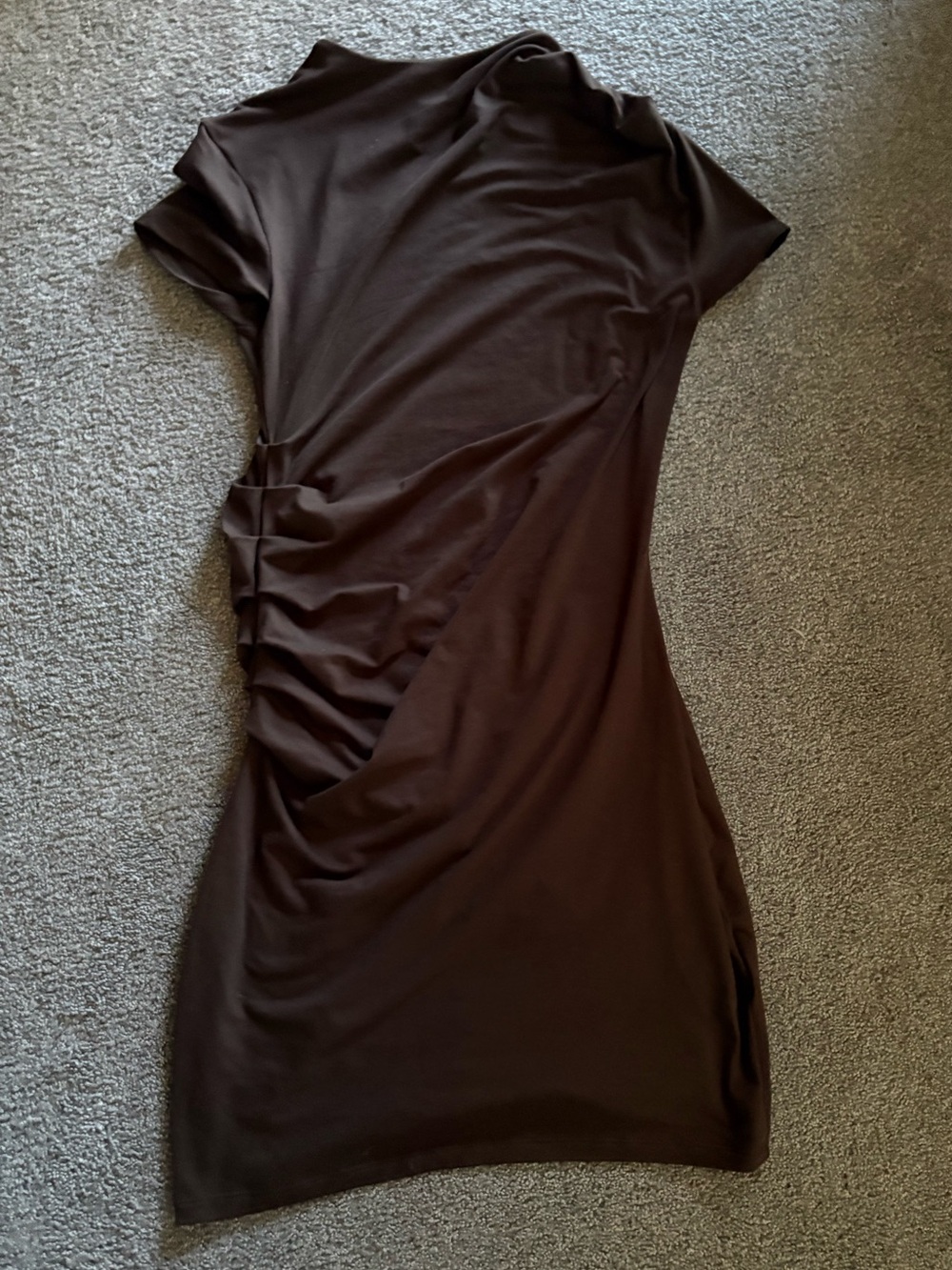 Divided Chocolate Brown Cinched Waist Ruched Mock Neck Bodycon Mini Dress- M